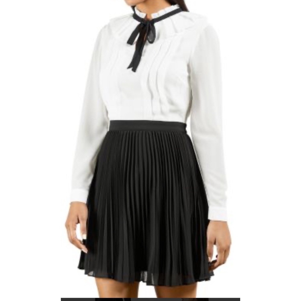 Ted Baker Women's Pleated Tie Neck Mini Dress - Ivory/Cream - Size 1 Long Sleeve